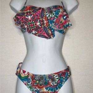 GB Paisley Bikini Set M Ruffle Bandeau Halter Tie Multicolor Swim